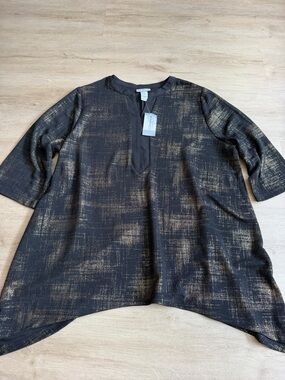 Catherines Womens 1X Plus Size Black Shimmering Gold Pullover Blouse NWT